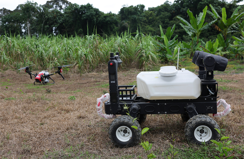 Dron udara (UAV) dan darat (UGV) digunakan bagi meracun dan membaja tanaman yang terdapat di ladang integrasi moden di Labu Hilir dekat Nilai. --fotoBERNAMA