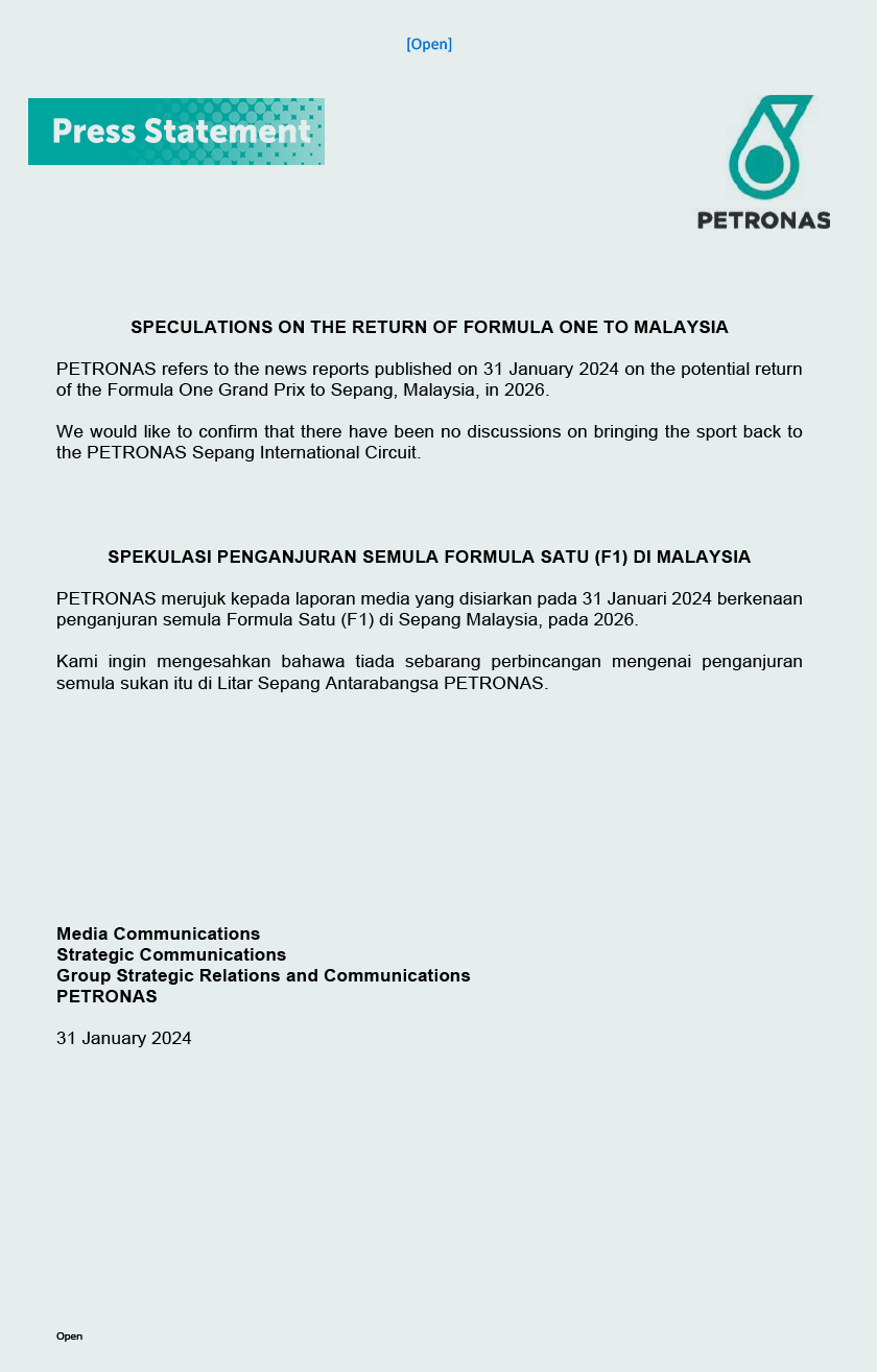 Kenyataan media oleh Petronas