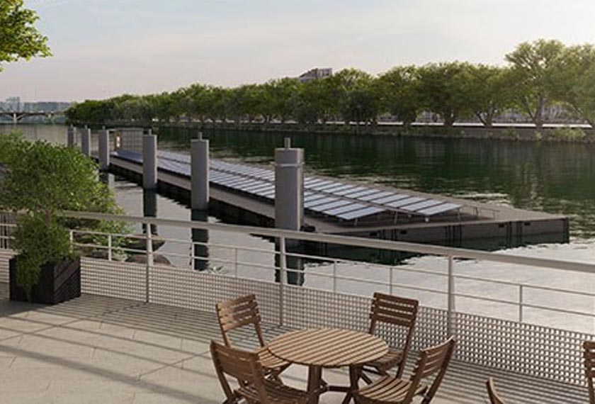 A 400 metre squared floating solar farm set up on the River Seine.