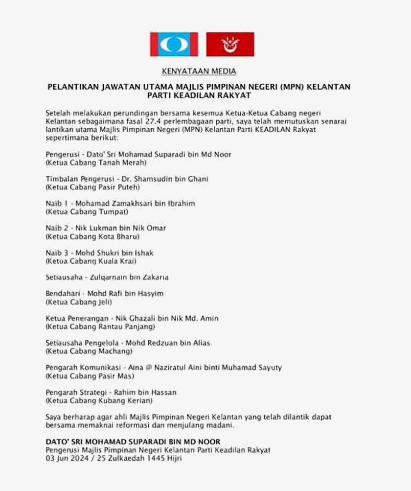 Perkara itu diumumkan oleh PKR Kelantan menerusi satu kenyataan media pada Isnin.