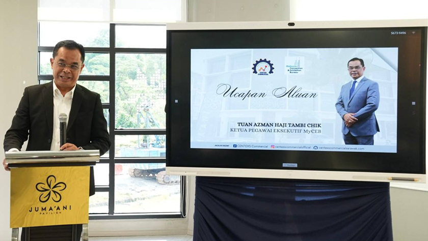 Ketua Pegawai Eksekutif MyCEB, Azman Haji Tambi Chik,  semasa menyampaikan ucapan pada majlis tanda tangan Memorandum Kerjasama (MoC) dengan Centexs Commercial Services (CCS). - Gambar MyCEB