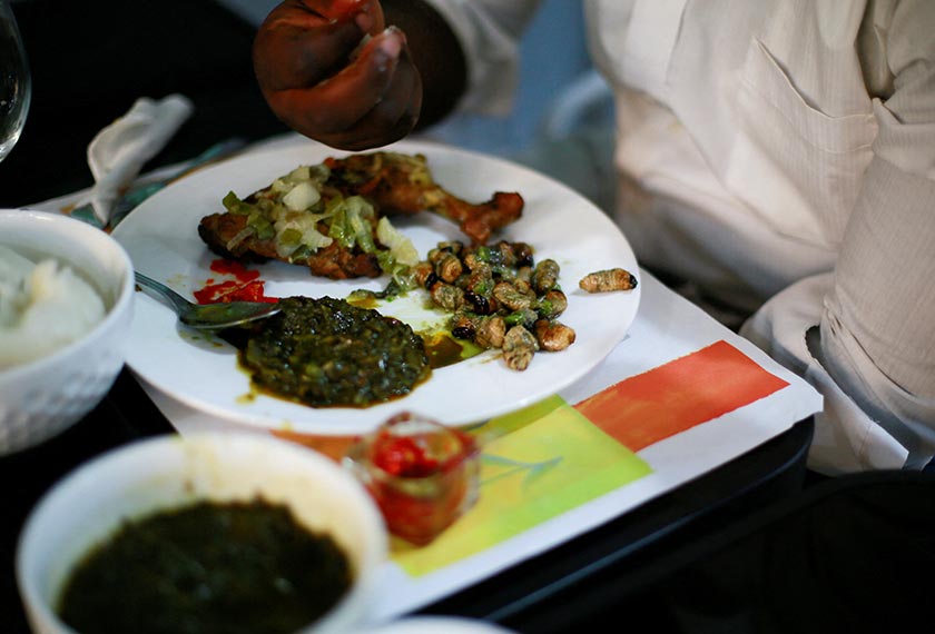 A view of a dish containing palm weevil larvae served to a customer at a restaurant, in Kinshasa, Democratic Republic of Congo, May 24, 2024. REUTERS
