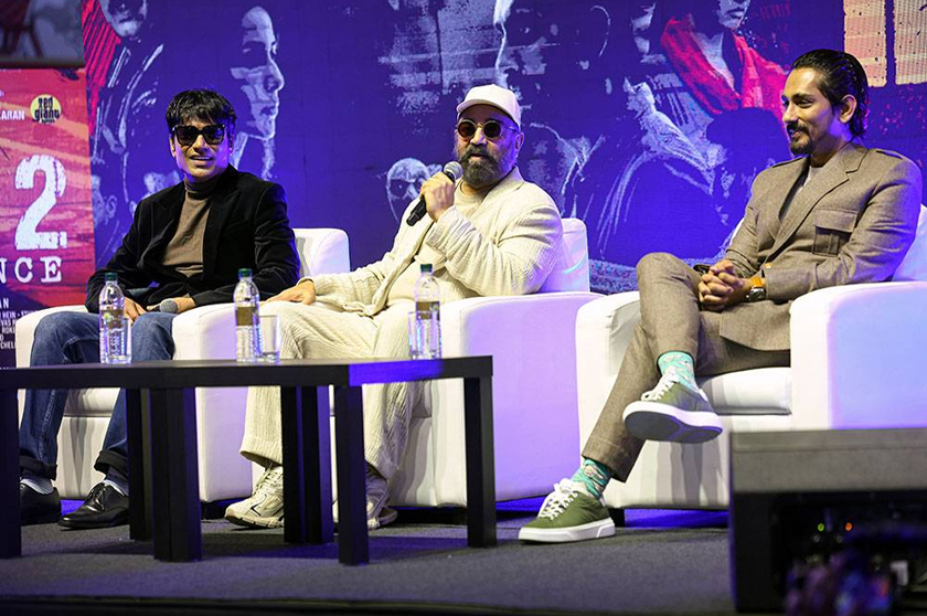 Kamal Haasan ketika hadir promosi filem Indian 2 dan turut bersama pelakon Siddharth serta SJ Suryah. - Foto Bernama