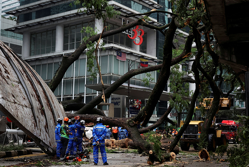 Rescuers work where a tree fell across Jalan Sultan Ismail, one of Kuala Lumpur's busiest roads smashing 17 cars and disrupting monorail service, in Kuala Lumpur, Malaysia May 7, 2024. - REUTERS/Hasnoor Hussain 