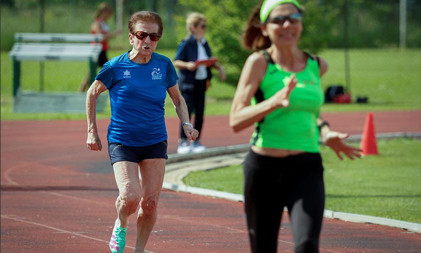 Italian master runner Emma Maria Mazzenga in action during the women's 100m W90 category race, in San Biagio di Callalta, Treviso, Italy. - REUTERS