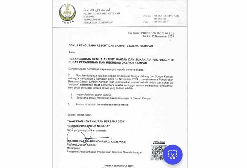 Surat rasmi yang dikeluarkan kepada pengusaha resort dan tapak perkhemahan pada Jumaat. - Foto Sinar Harian