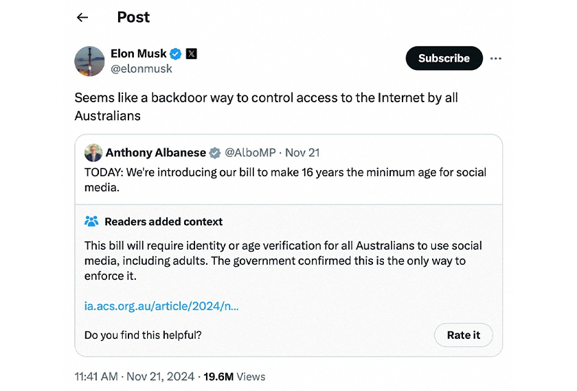 A screengrab shows a post on X from Elon Musk regarding an Australian bill to regulate social media on November 21, 2024, in this picture obtained from social media. - Elon Musk Via X/via REUTERS