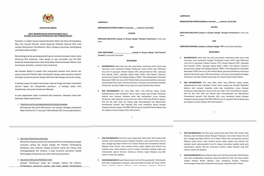 Draf MoU yang didedahkan oleh Timbalan Perdana Menteri, Datuk Seri Fadillah Yusof - Foto fail