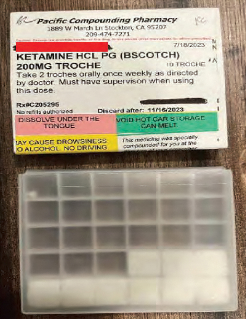 A redacted undated photograph in a Grand Jury charging document shows what is described as a fraudulent prescription for ketamine and a box containing ketamine lozenges that alleged co-conspirator Dr. Mark Chavez had sent to Dr. Salvador Plasencia of Santa Monica. - US DISTRICT COURT FOR THE CENTRAL DISTRICT OF CALIFORNIA/REUTERS 