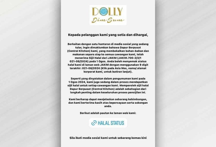 Kenyataan dikeluarkan Dolly Dim Sum. - Foto Sinar Harian