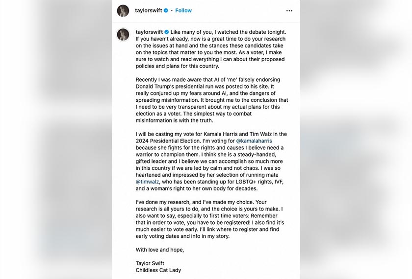 aylor Swift endorses Democratic VP Kamala Harris, following the presidential debate between ex-US President Donald Trump and Harris, in a post on Instagram, September 10, 2024. - Social Media Website/via REUTERS
