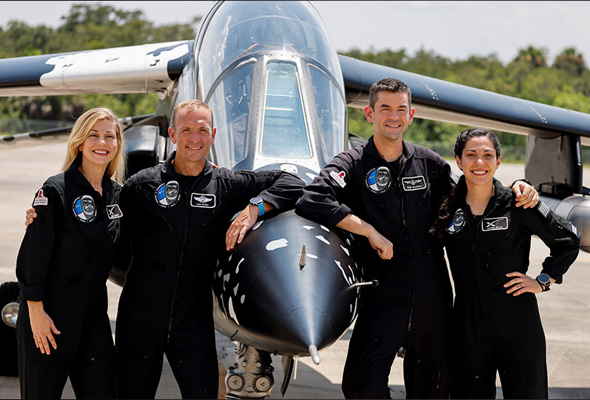 Kru Polaris Dawn, dari kiri, Anna Menon, Scott Poteet, Jared Isaacman dan Sarah Gillis, pada sidang akhbar di Pusat Angkasa Kennedy, Cape Canaveral, Florida, AS, 19 Ogos 2024. REUTERS