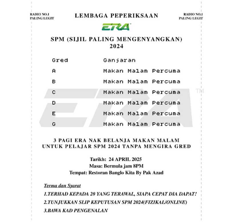Syarat-syarat yang perlu mereka patuhi ialah mereka perlu menunjukkan slip keputusan 2024 serta membawa kad pengenalan bagi memastikan mereka merupakan calon SPM 2024.