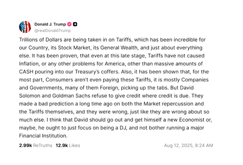 Screenshots of post on social media website 'Truth Social' by US President Donald Trump, August 12, 2025. – Screengrab/Social media website/via REUTERS