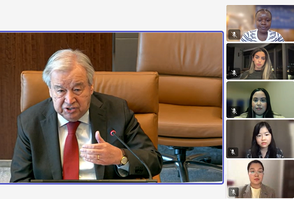 UN Secretary-General speaking to young journalists in a virtual briefing under the 2025 Reham Al-Farra Memorial Journalism Fellowship