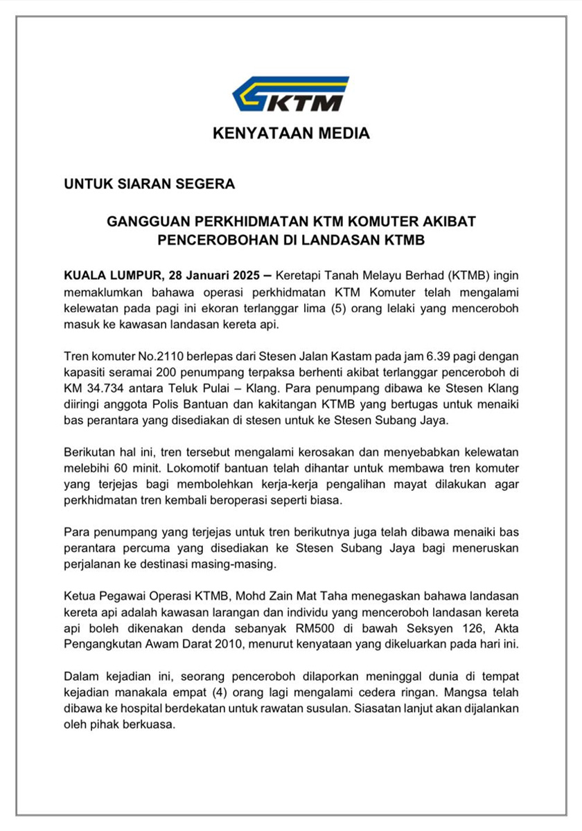 Kenyataan media KTMB
