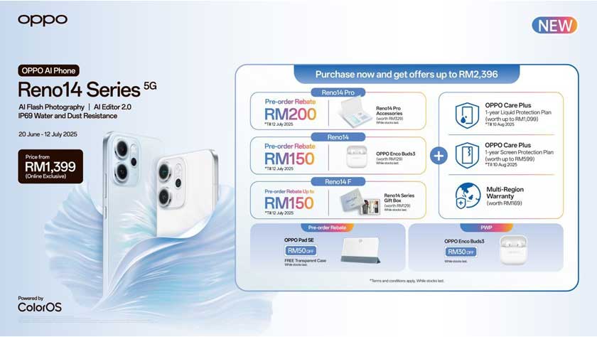 Pelbagai tawaran menarik boleh dinikmati pengguna sehingga 12 Julai 2025 seperti gambar tertera. - Foto OPPO Malaysia