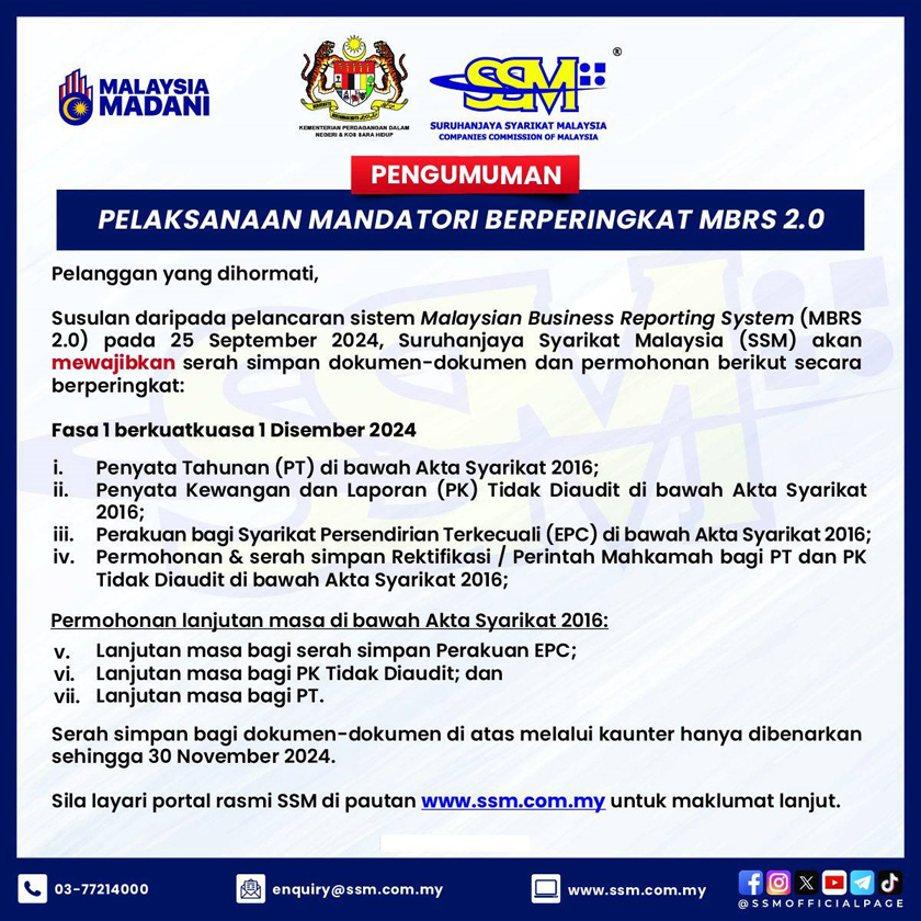 Poster Suruhanjaya Syarikat Malaysia (SSM) mengenai pelaksanaan MBRS 2.0