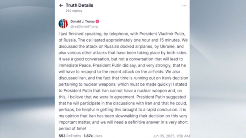 Screenshot of US President Donald Trump's social media post on phone talks with Russian President Vladimir Putin. - REUTERS