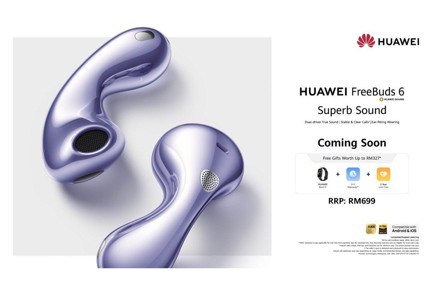 HUAWEI FreeBuds 6 menampilkan reka bentuk terbuka dengan audio dwi-pemacu dan pembatalan hingar pintar, dijual pada harga RM699 bersama hadiah eksklusif bernilai RM327 termasuk HUAWEI Band 8, jaminan lanjutan dan perlindungan kehilangan dua tahun. - Gambar HUAWEI