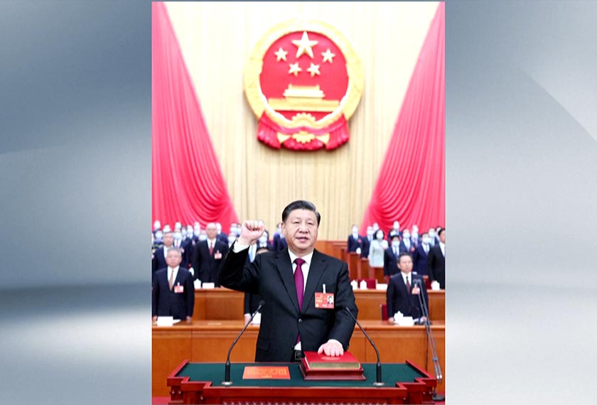 Filepic shows Xi Jinping making public pledge of allegiance to Constitution at Great Hall of the People, Beijing, China, March 10, 2023 . - CCTV/via REUTERS