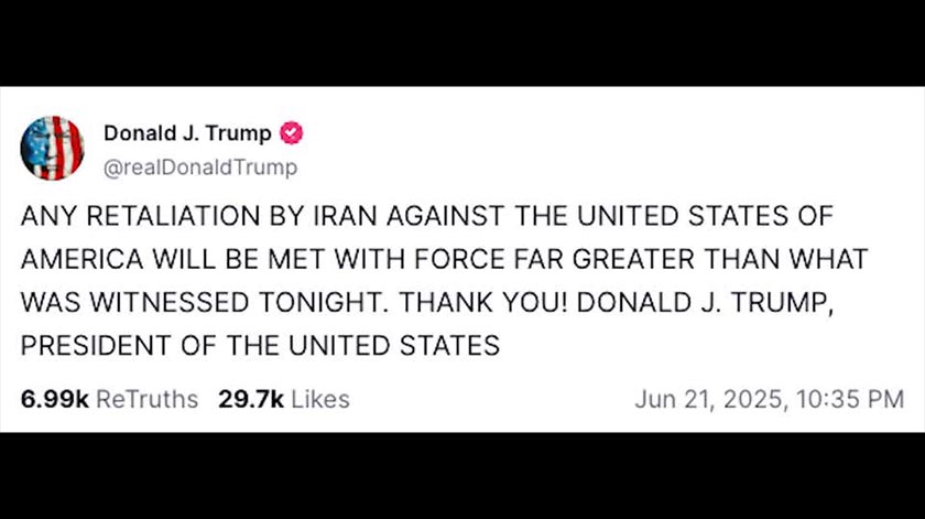 Screenshot of post on Truth Social by US President Donald Trump, June 16, 2025. - Screengrab/via REUTERS