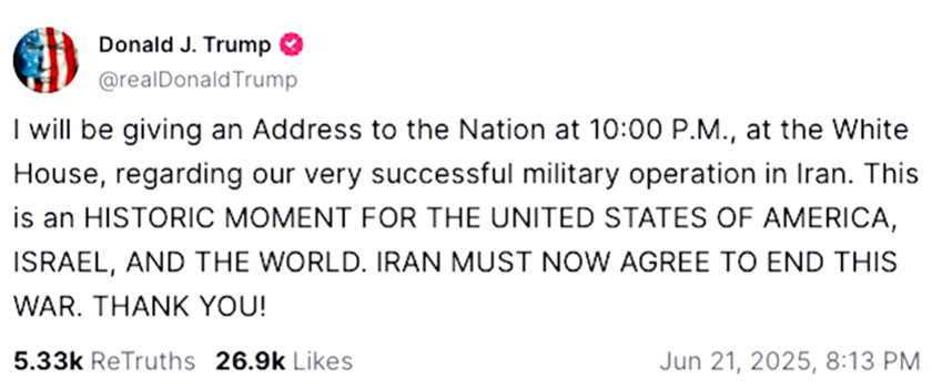 Screenshot from Open Source Intel on US President Donald Trump's Truth Social page. - via REUTERS