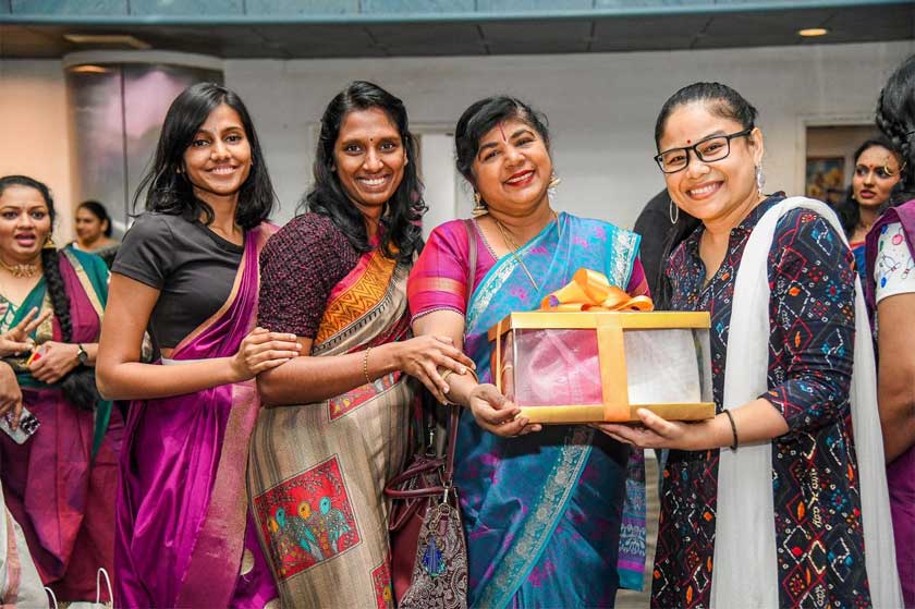 Team 'Majaa' celebrates victory after claiming the top prize for most pins knocked down, presented by Dr. Vimala Perumal  at the 'Saree Up to Strike' Bowling Tournament, Sunway Mega Lanes, Sunway Pyramid, March 8, 2025. Credit: Moganraj Villavan