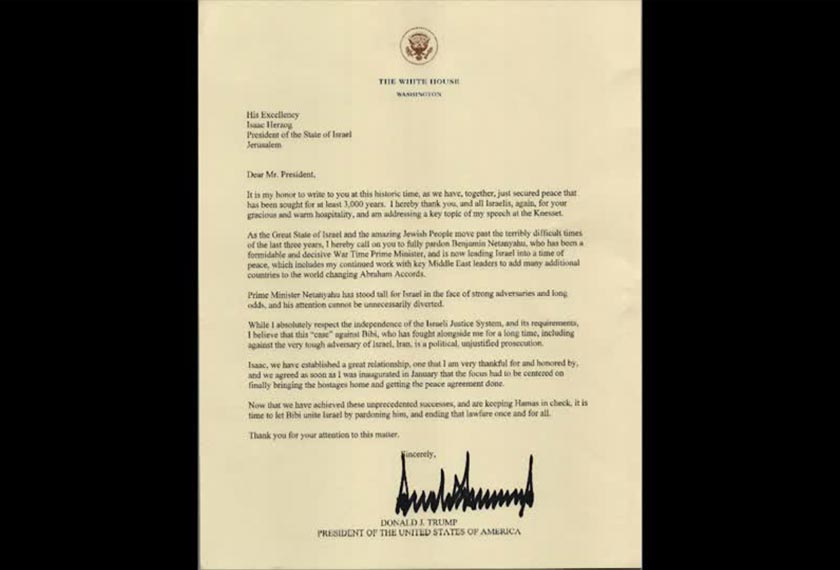 Screenshot of the letter Israeli President Isaac Herzog received from US President Donald Trump, calling on him to consider granting a pardon to  Prime Minister Benjamin Netanyahu. - Screengrab/via REUTERS