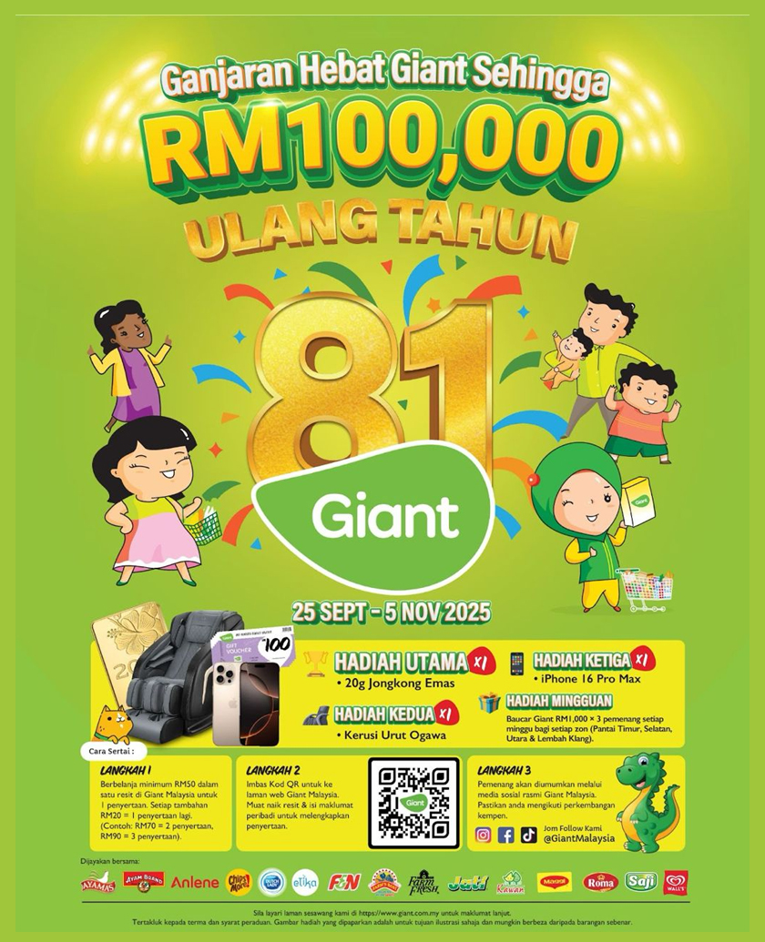Kempen Ganjaran Hebat Giant menawarkan hadiah hebat yang menjadi idaman ramai seperti jongkong emas, kerusi urut OGAWA, dan iPhone 16 Pro Max. - Foto Giant