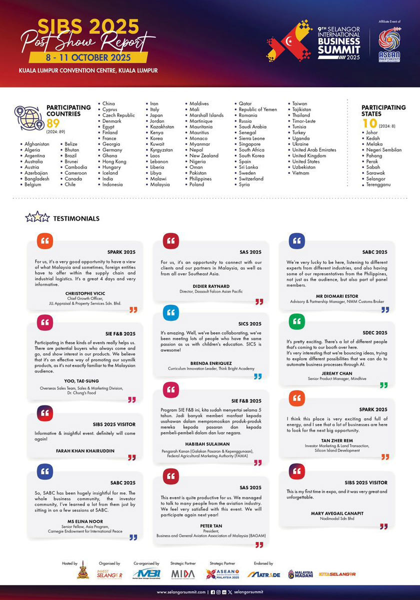 Laporan pasca-acara SIBS 2025 turut menyaksikan beberapa pelabur dan pengunjung berkongsi pandangan positif berhubung acara tersebut. - Foto Invest Selangor