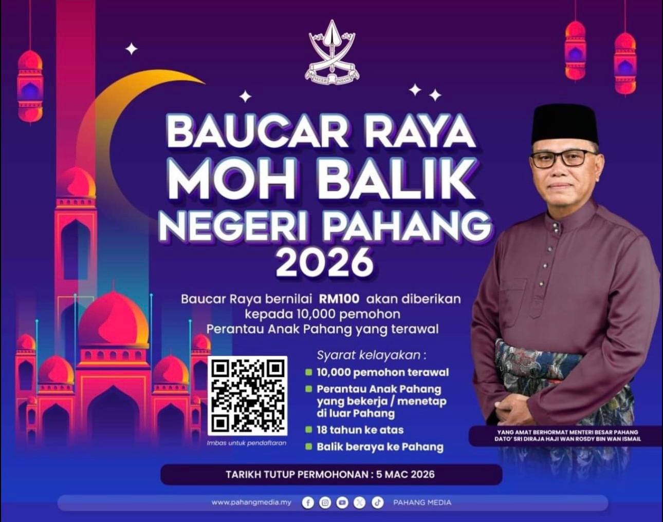 Kerajaan Negeri Pahang tawar Baucar Raya RM100 buat anak Pahang di perantauan