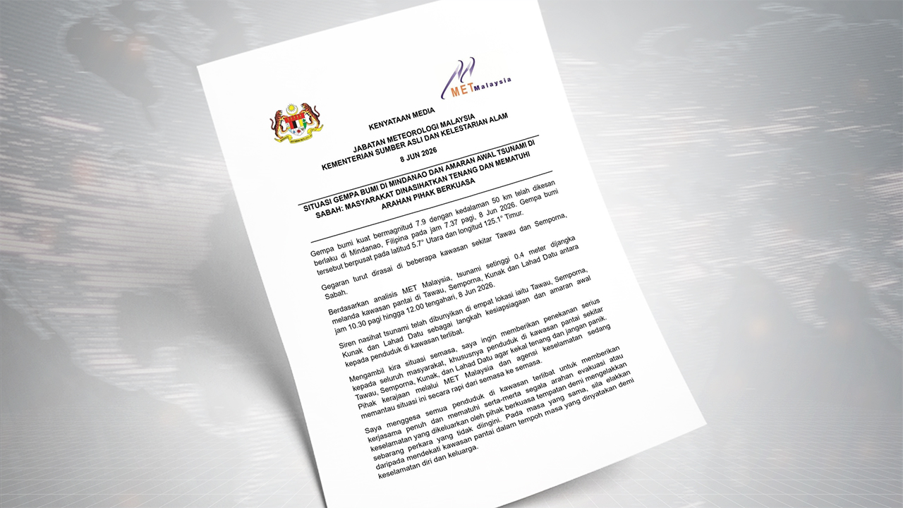 MetMalaysia keluar amaran tsunami 0.4 meter di Tawau, Sempor