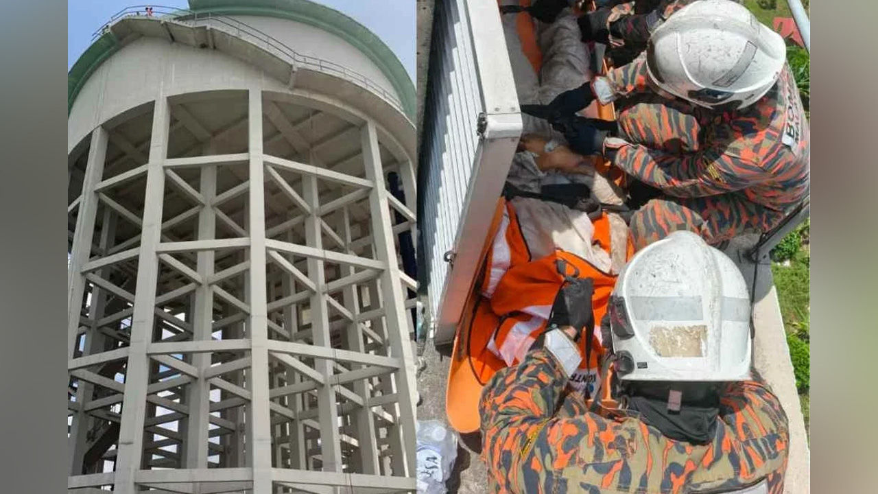 Pekerja penyelenggaraan lemas dalam menara tangki air