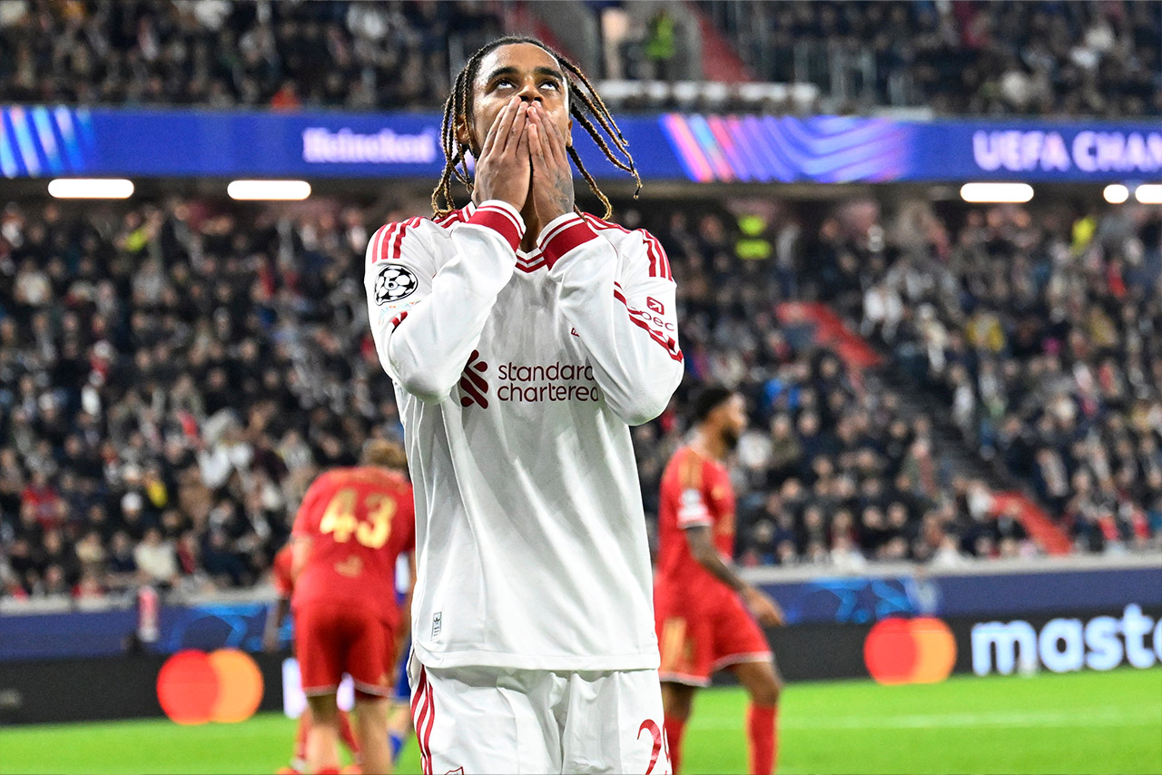 Liverpool's Bradley Barcola, celebrates after scoring his side's third goal during the Champions League opening phase soccer match between LASK and Liverpool in Linz, Austria, Wednesday, Oct. 14, 2026. (AP Photo/Denes Erdos)